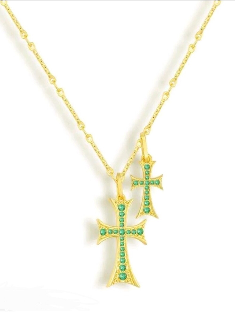 Gold Plated Cross Pendant Necklace with Green Stones